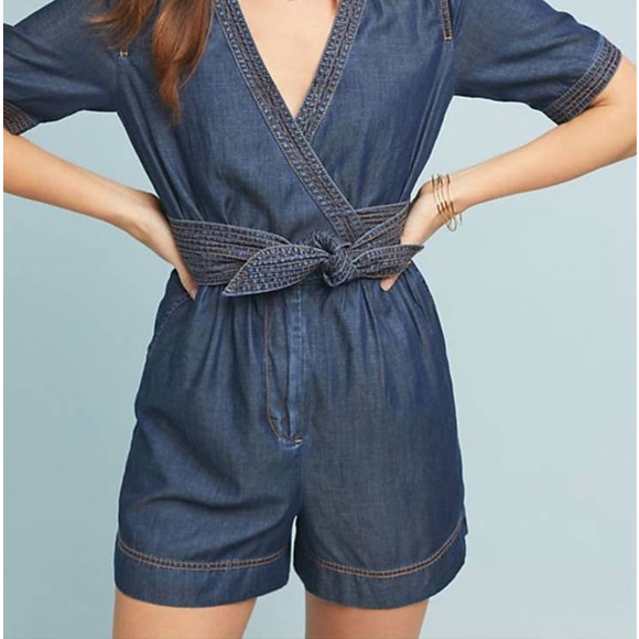 Pilcro and the Letterpress Pants - Anthropologie Pilcro & the Letterpress Women's Denim Short Sleeve Romper Size 4